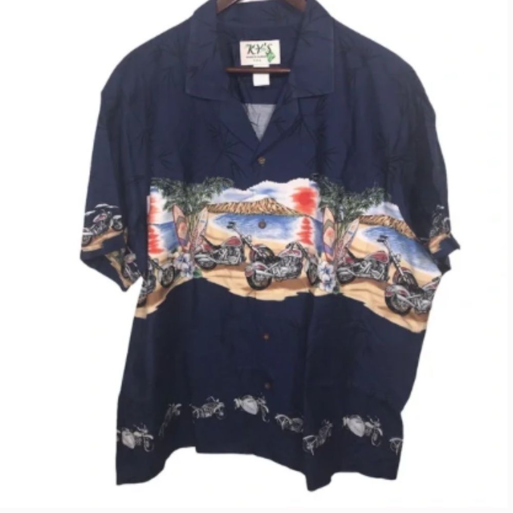 Ky's Hawaiian Surfer Motorcycle Biker Short Sleeve Button Down Shirt